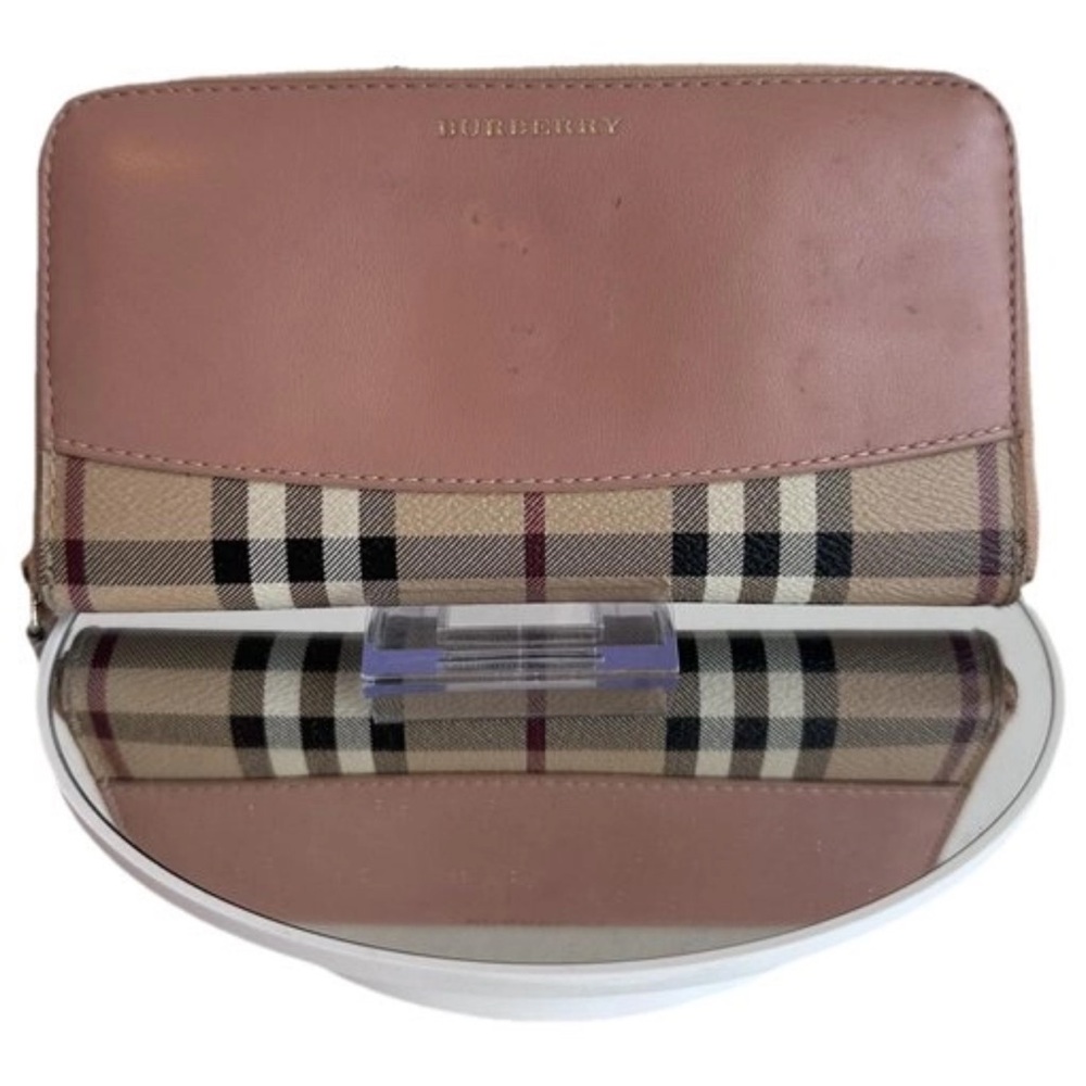 Burberry Haymarket Check Zip Around Wallet Pink Leather Continental Wallet